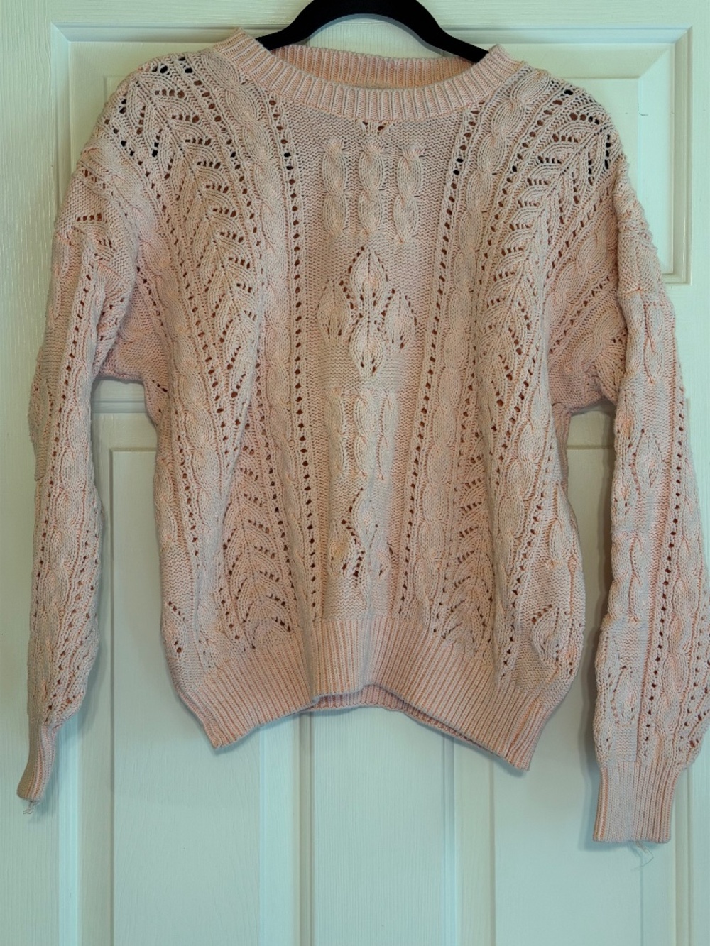 Vintage 80s Cuddle Knit Baby Pink 100% Cotton Cable Knit Crewneck Sweater GC